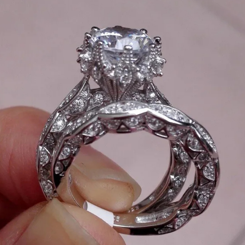 Silver Tone CZ Wedding Ring Set